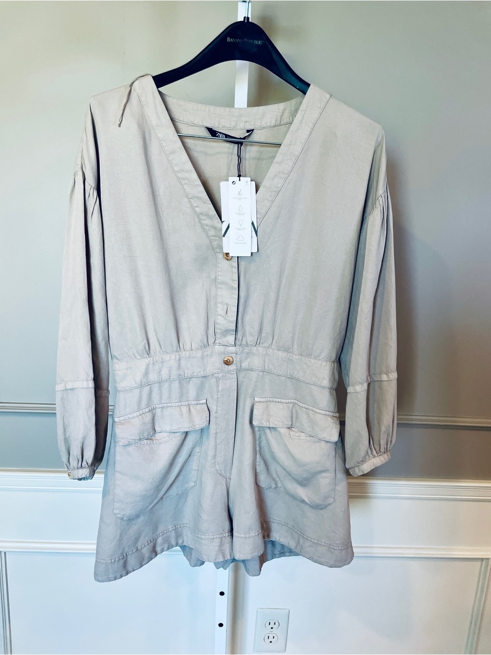Zara New Romper Shorts Large Long Sleeve lyocell Elastic Playsuit NWT Casual